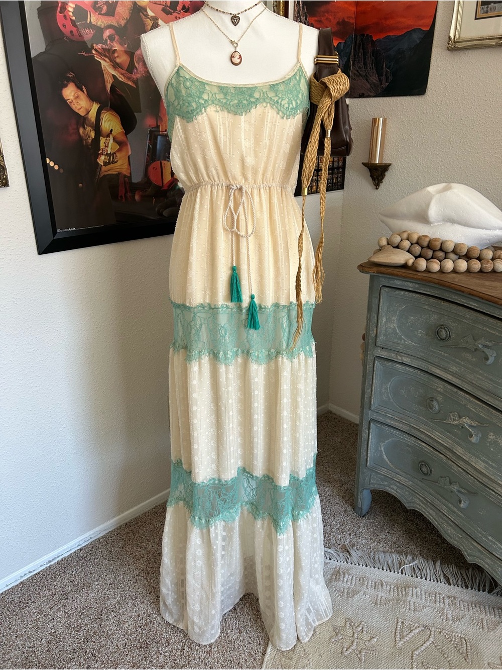 Flying Tomato Tiered Maxi Dress Size L Cream Boho Cottagecore Lace Sheer Overlay